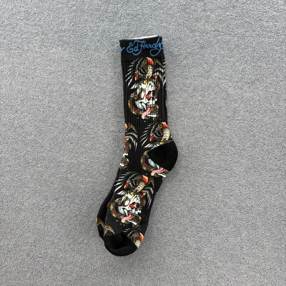 Ed Hardy Socks Mens One Size Black Skull Snake Tattoo Print Mid Calf